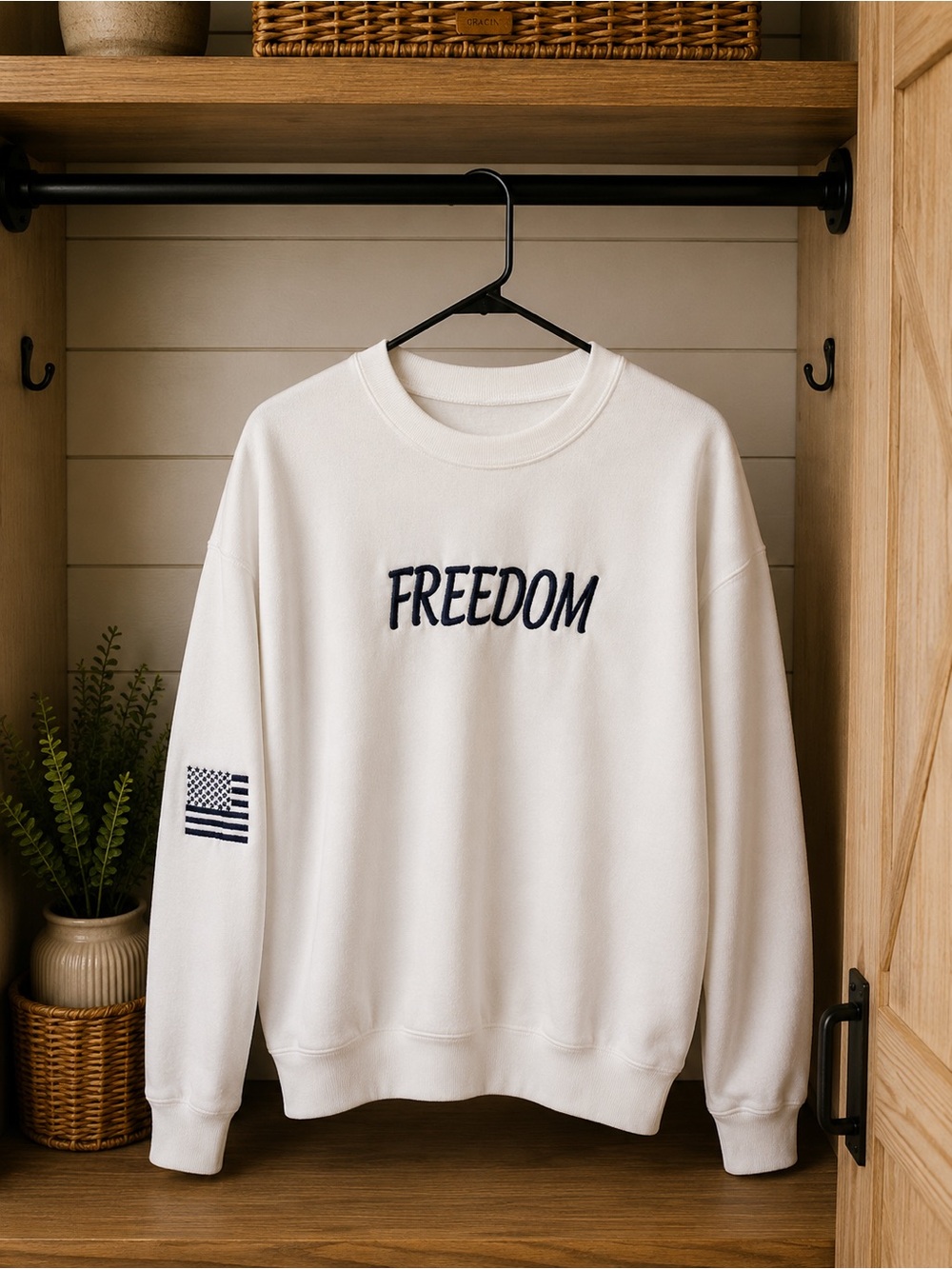 Freedom Embroidered Crewneck Sweater - White